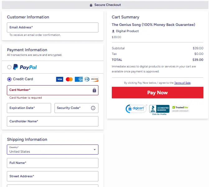 The Genius Song checkout page